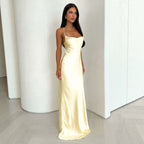 Long Slim Fit Sexy Large V neck Sling Soft Smooth Thin Twisting Satin Silk Dress XINXI