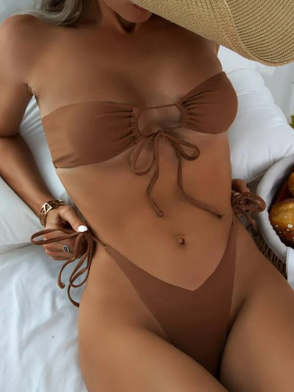 Women Seperated Swimwear Low Waist Basic Strapless Solid Color Tube Top Sexy Bikini Wing Lok