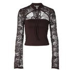 Sexy Summer Solid Color Long Sleeve Lace Stitching Chest Slimming Cropped Outfit Top T shirt for Women LEKINS