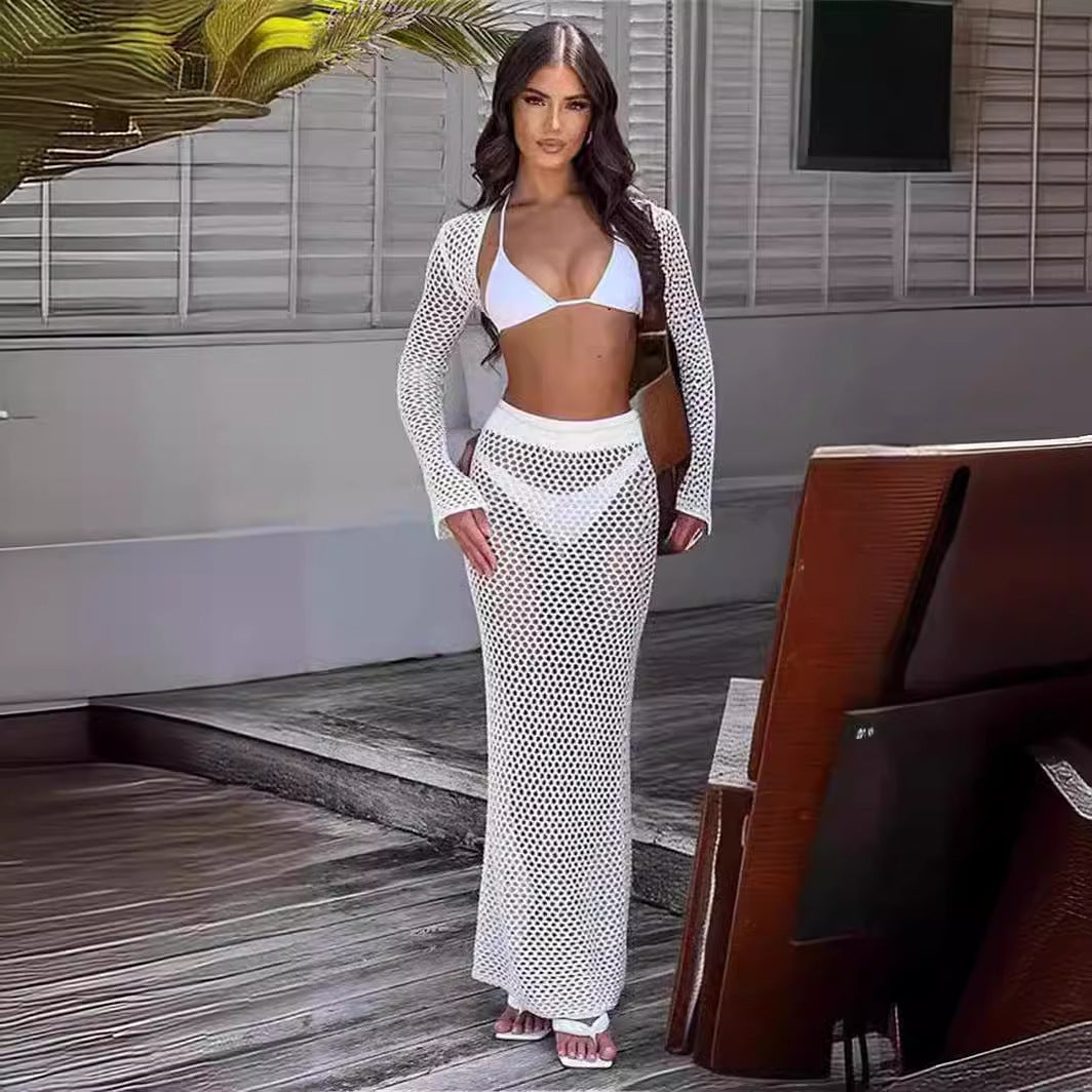 Summer Beach Skirt Set Sexy Cutout Knitting Bikini Swimsuit Blouse Sun Protective Clothing Women Yojiaer
