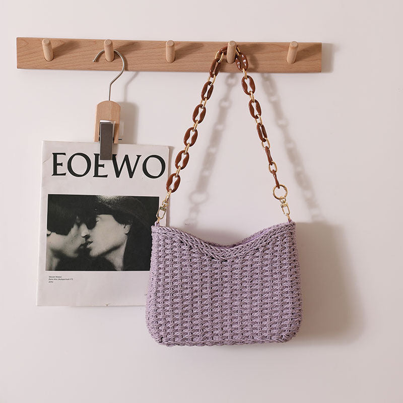 Fresh Purple Straw Bag Woven Bag Women Bag Shoulder Solid Color Straw Bag Seaside Vacation Beach Bag EaseWoven