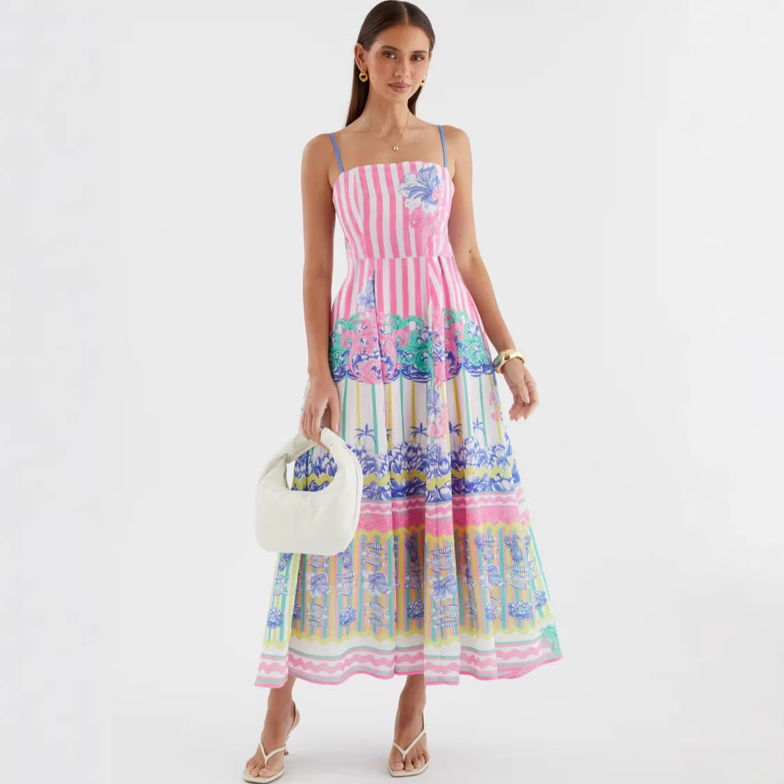Women Arrival Dress Positioning Printing Elegant Holiday Swing Strap Dress Zemy