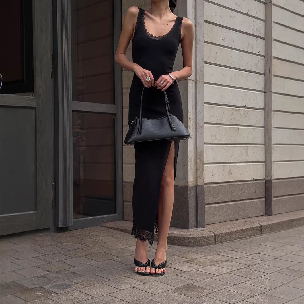 Summer Black Sexy Elegant Lace Slim Fit Patchwork Split Vest Dress Women FOREVEREIGHTEEN