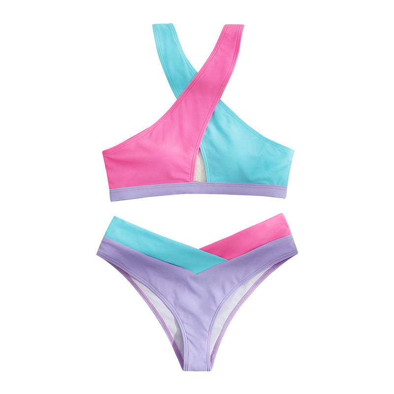 Ladies Swimsuit Split Criss Cross Color Matching Sexy Women Bikini OLam