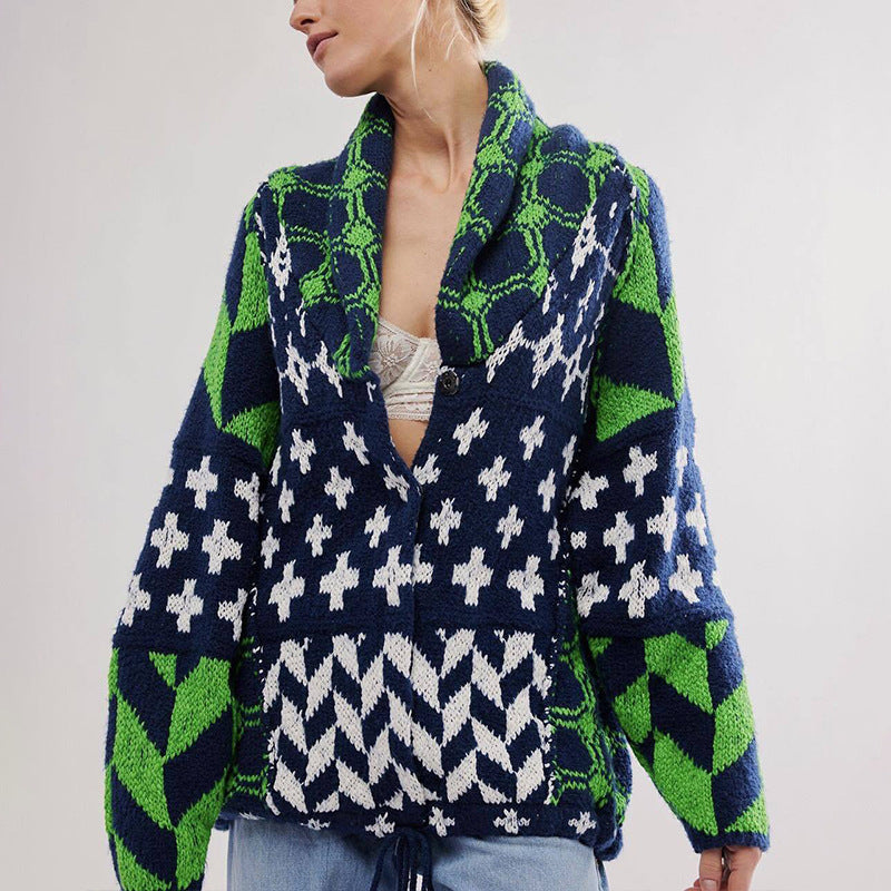 Autumn Winter Knitwear Abstract Printing Collared Loose Long Sleeve Knitted Sweater for Women Mangar