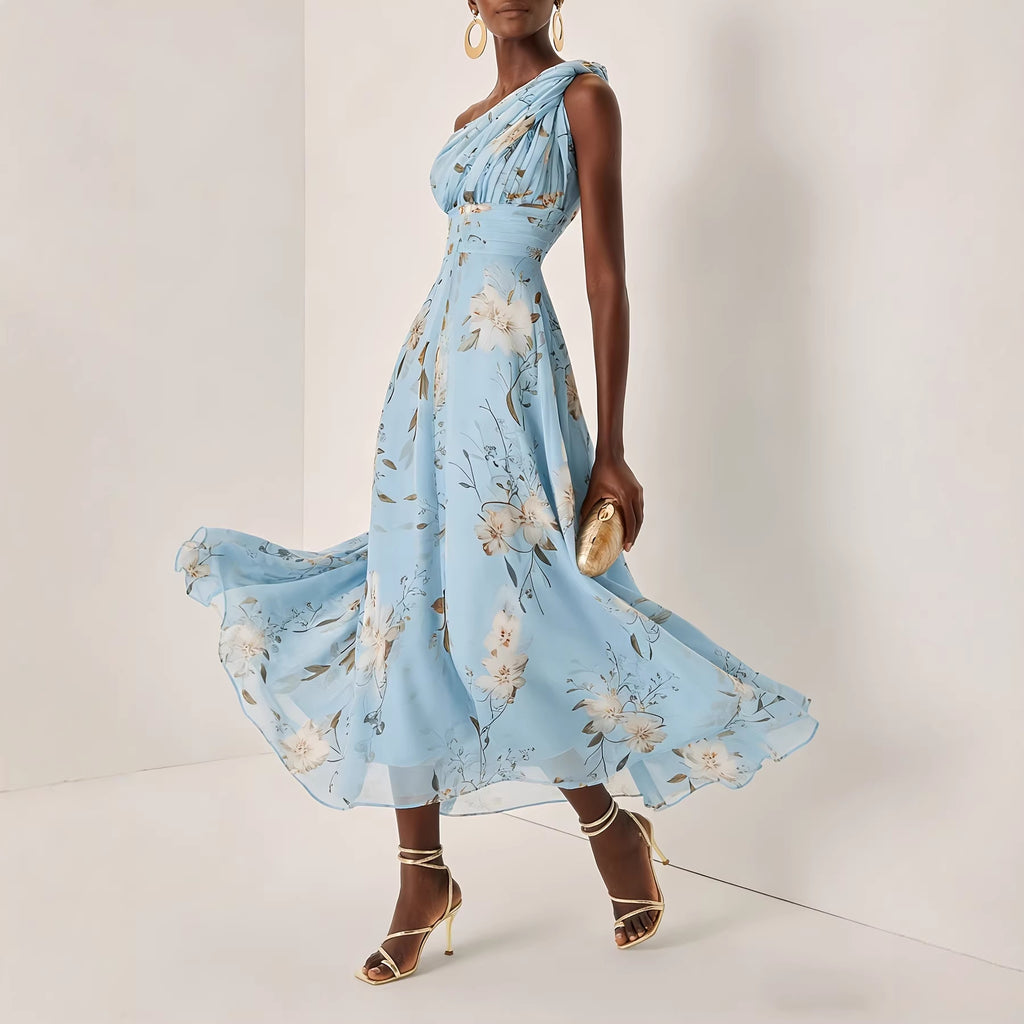 Elegant One Shoulder Floral Printed Chiffon Dress Fashionable Elegant A line Midi Dress Venly