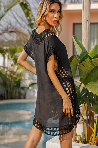 Solid Color V Neck Hand Crocheting Stitching Sexy Hollow Out Cutout Loose Beach Beach Cover Up One Piece Short Dress