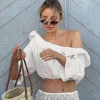 Gentle Polyester Cotton Diagonal Shoulder Design Sexy Five Quarter Sleeve White Shirt Women Top FOREVEREIGHTEEN