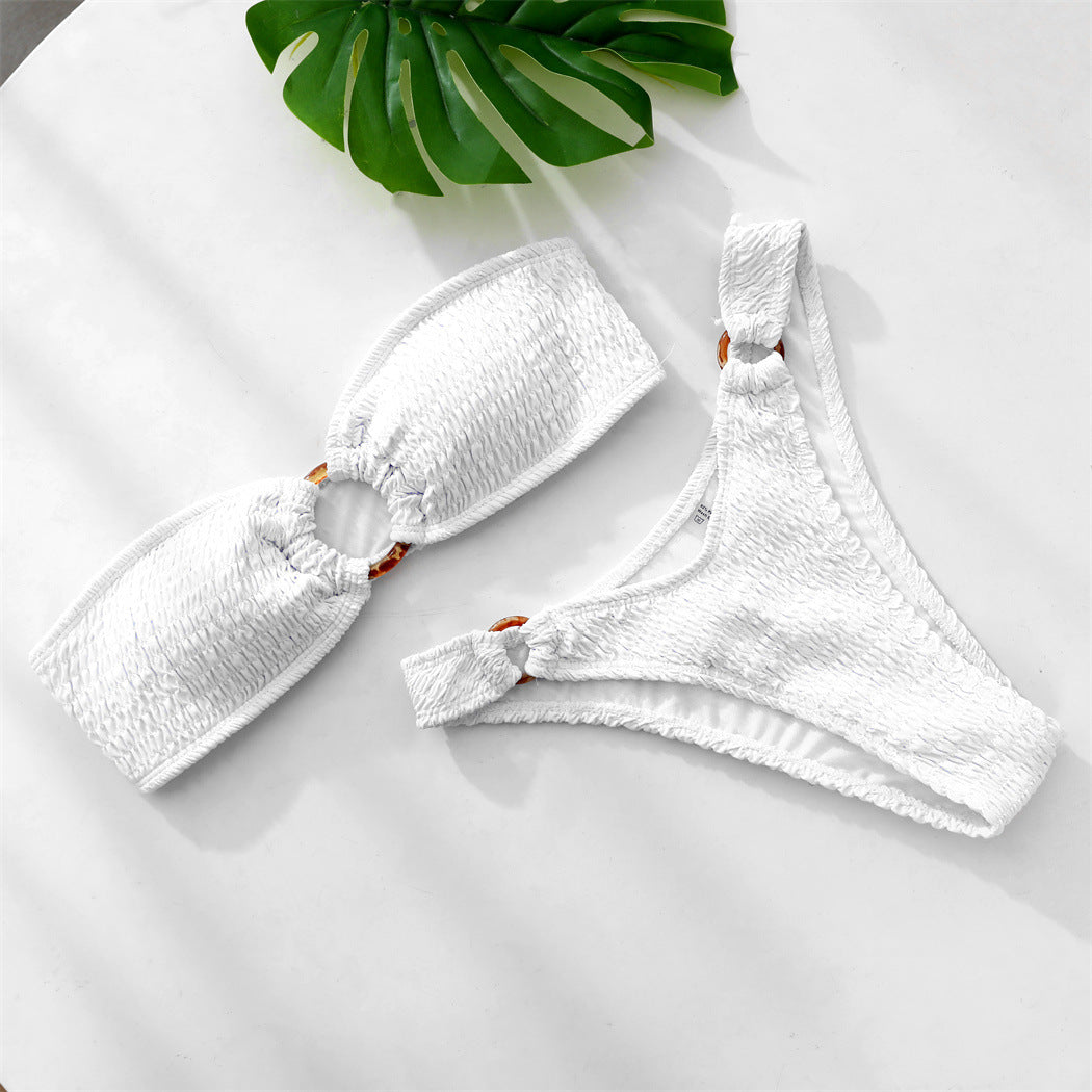 Traje de baño para mujer, bikini de tejido fruncido, color liso