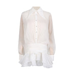 Dress Women Summer Polo Collar Solid Color Mesh Pleated Slim Design Long Sleeve Short Dress OFMY