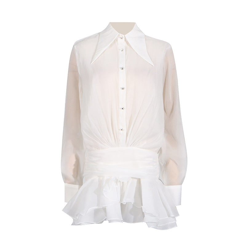 Dress Women Summer Polo Collar Solid Color Mesh Pleated Slim Design Long Sleeve Short Dress OFMY