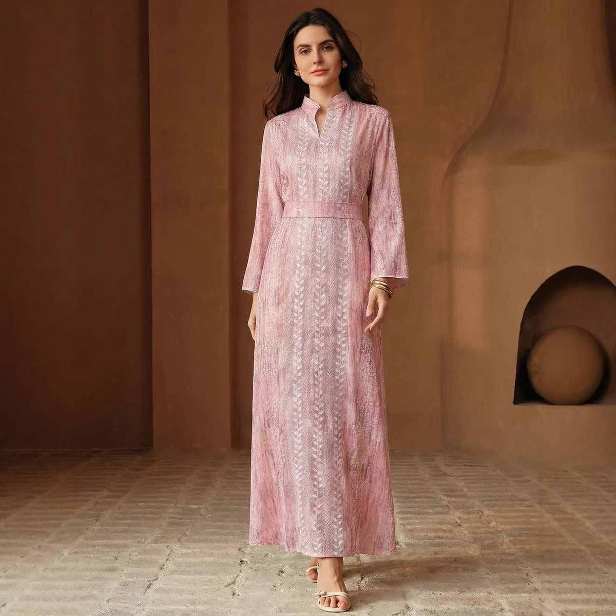 Middle East Muslim Spring Summer Applique Robe Dress with Belt MIYA