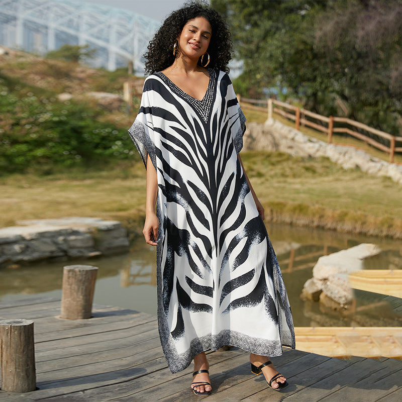 Robe de plage ample imprimée en rayonne, robe longue, protection solaire, bikini