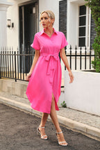 Shirt Dress Women Roll Sleeve Short Sleeve Belt Mid dress Women Summer Women Clothing BeingSun