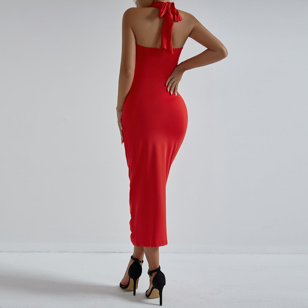 Vestido elegante de fiesta plisado con escote halter, floral, cruzado, a la moda, sexy, con aberturas en el pecho y plisado en la cadera para mujer