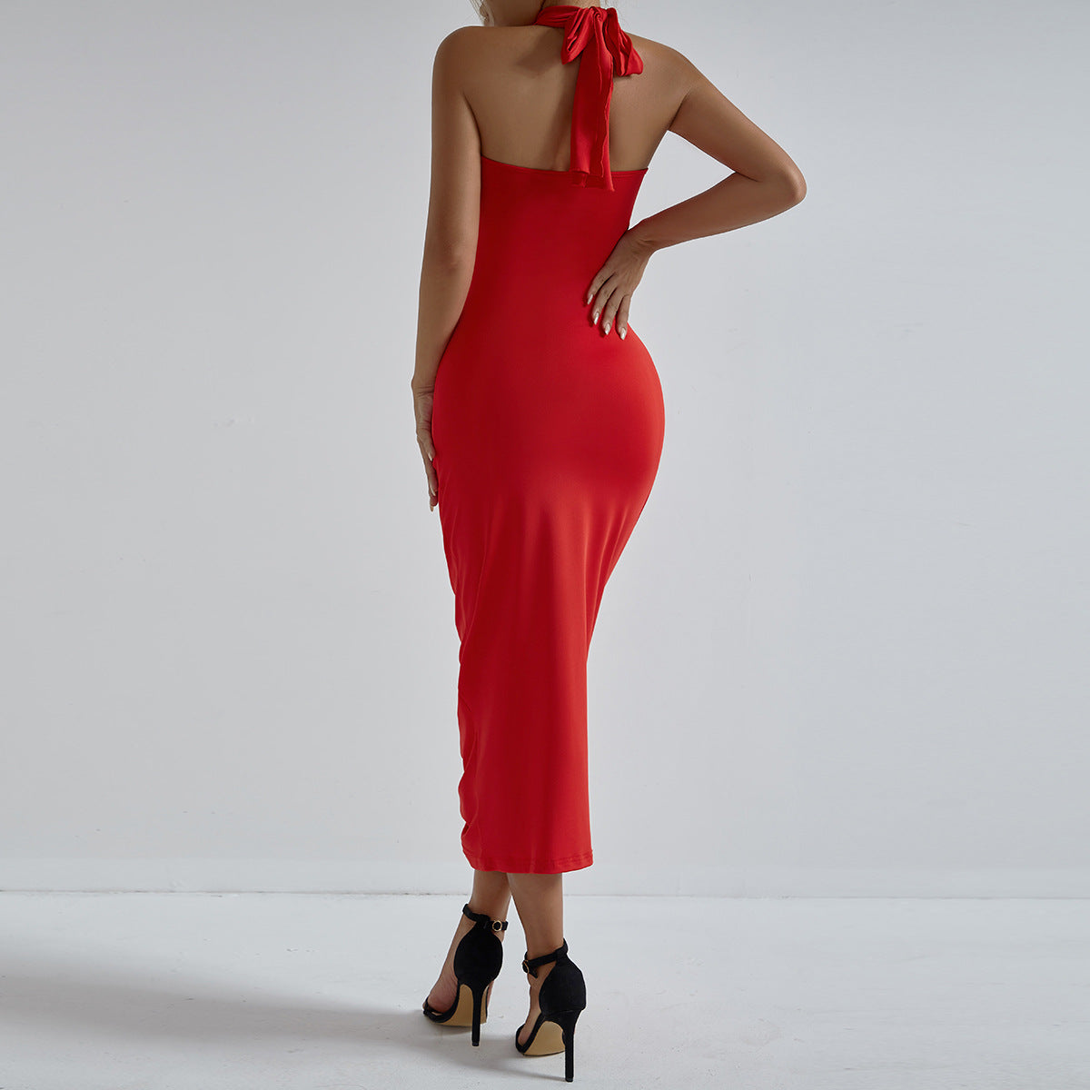 Vestido elegante de fiesta plisado con escote halter, floral, cruzado, a la moda, sexy, con aberturas en el pecho y plisado en la cadera para mujer