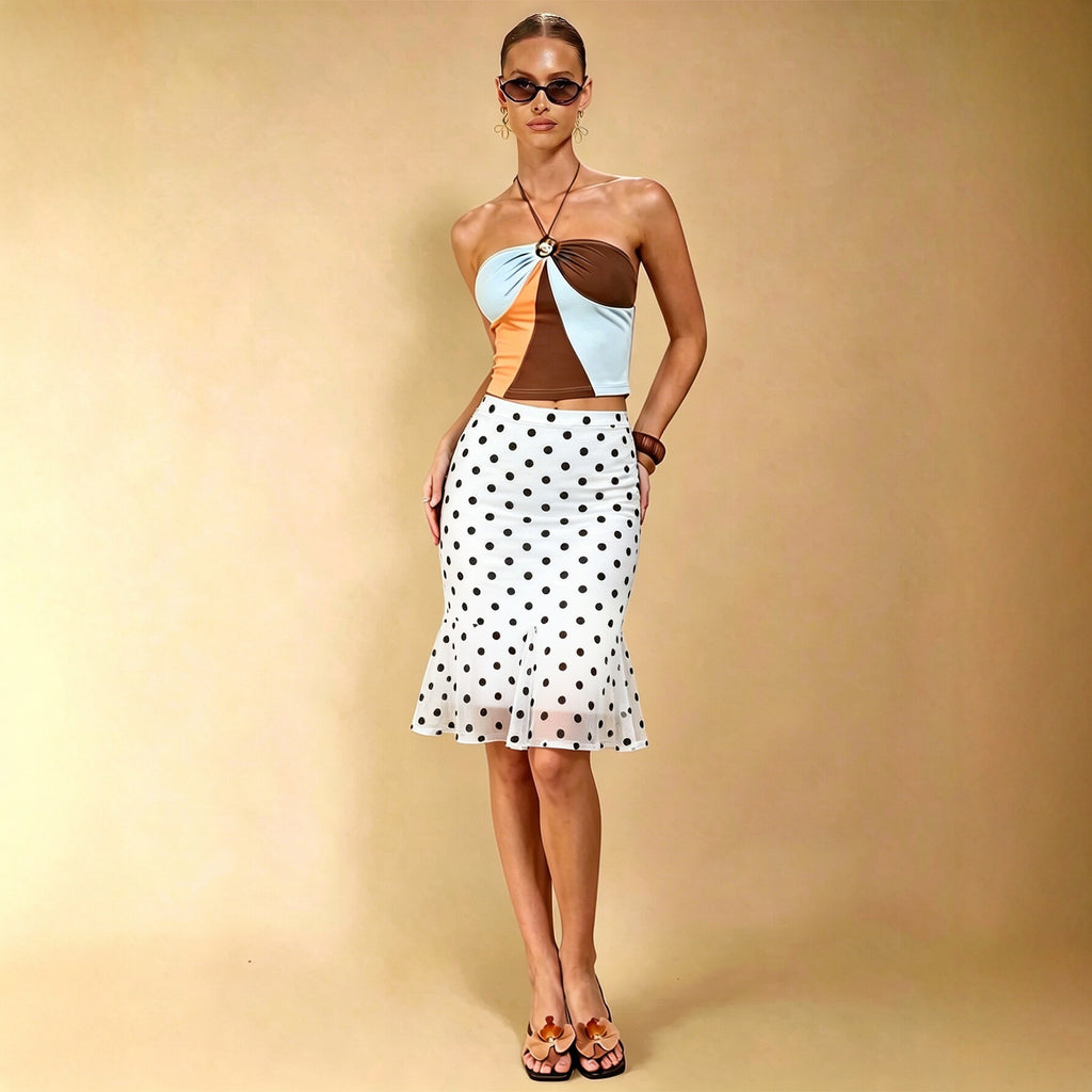 Summer Dot Mesh Fishtail Skirt Retro Ruffled Waist Tight Slimming Skirt Yiskiss