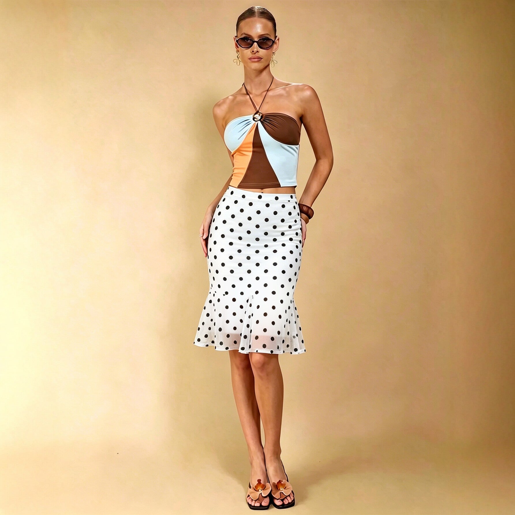 Summer Dot Mesh Fishtail Skirt Retro Ruffled Waist Tight Slimming Skirt Yiskiss