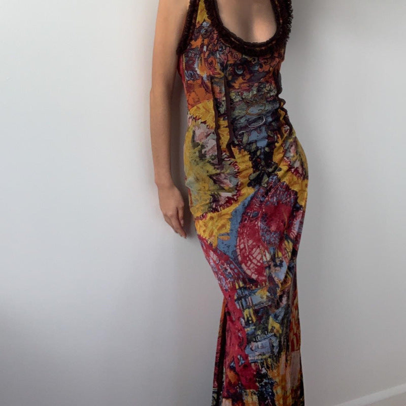 Women Clothing Summer Retro Tie Dyed Printed Sexy U Collar Slim Dress Maxi Dress Burgatti