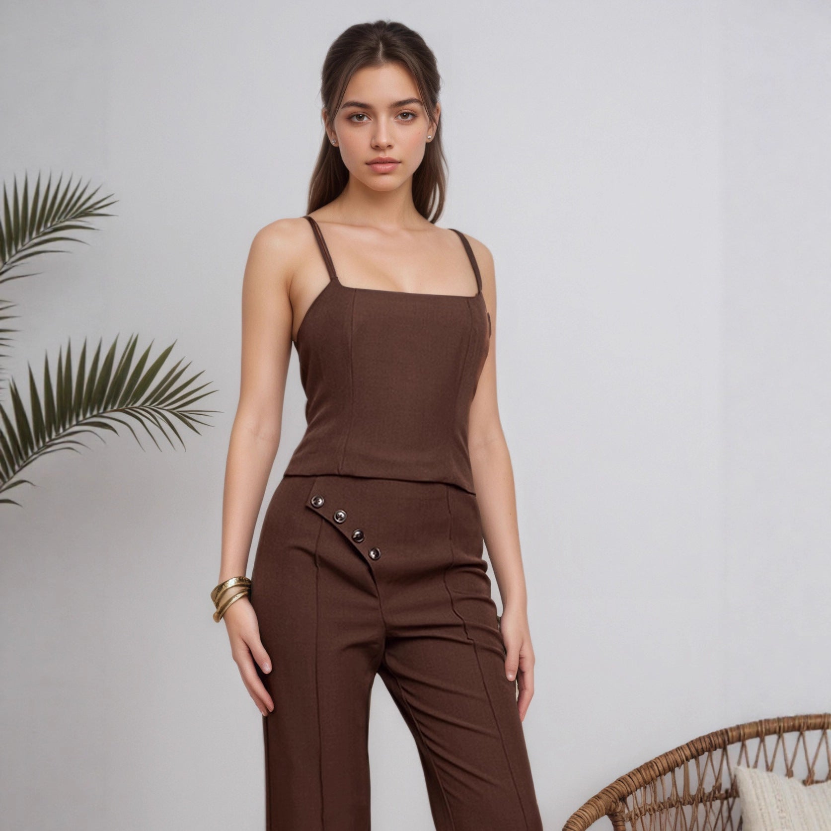 Women Clothing Spring Summer Women Elegant Sleeveless Wide Leg Pants Two Piece Set Rogan