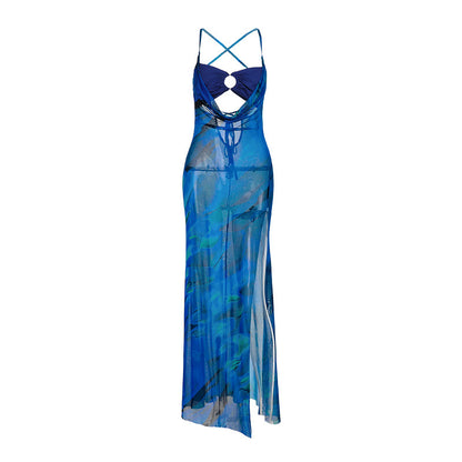 Sexy Print Swing Collar Split Sling Dress Summer Women Clothing