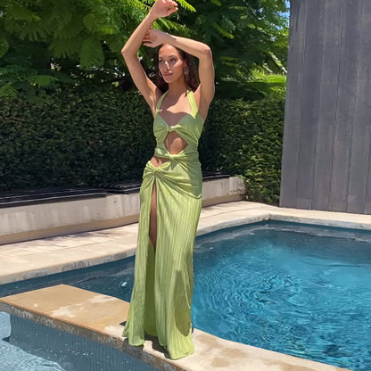 Spring Summer Women French Formal Dress Sexy Halter High Slit Dress Women