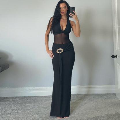 Fall Women Clothing Sexy Mesh Stitching Semi See through Slim Fit Halter Tied Dress Women