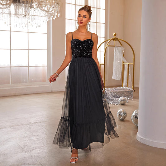 Women Clothing Sexy Sling Solid Color Sequ Mesh Dress