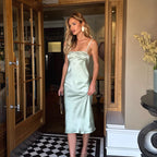 Summer French Graceful Lady Bandeau Sling Acetate Satin Draping Dress Slim Fit Midi Dress for Women LaceCH