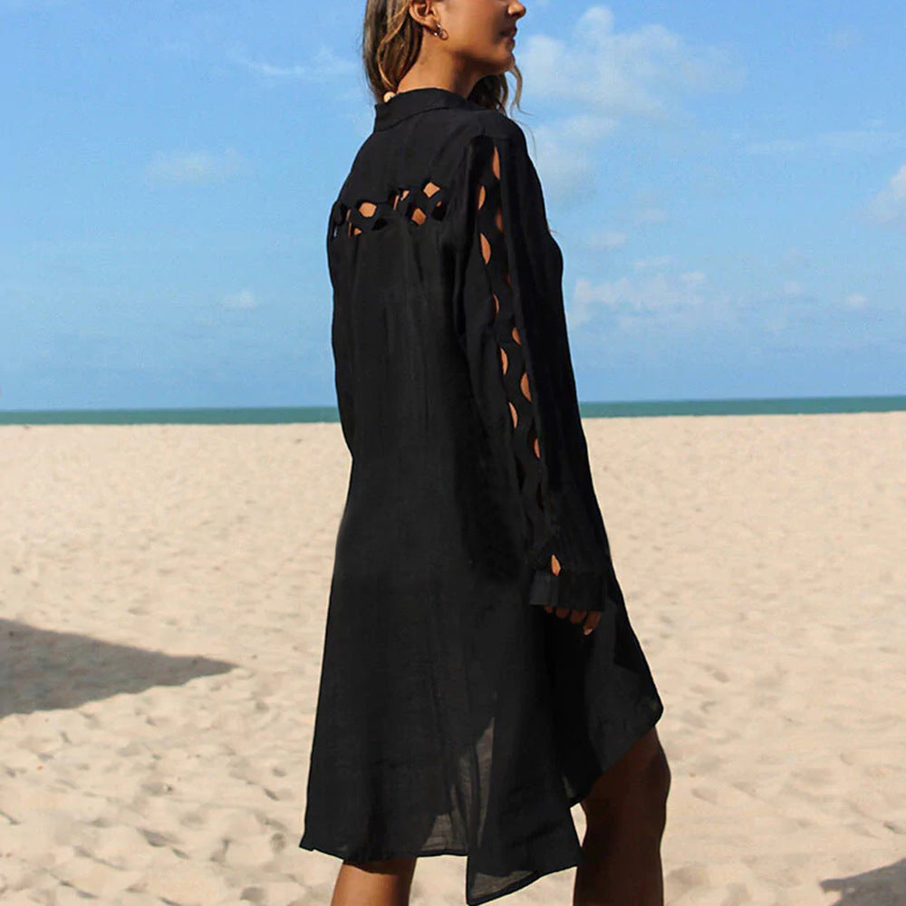 Slub Cotton Patchwork Edge Shirt Sun Protection Cardigan Vacation Beach Coat Bikini Cover up Blouse EvenStar