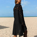 Slub Cotton Patchwork Edge Shirt Sun Protection Cardigan Vacation Beach Coat Bikini Cover up Blouse EvenStar