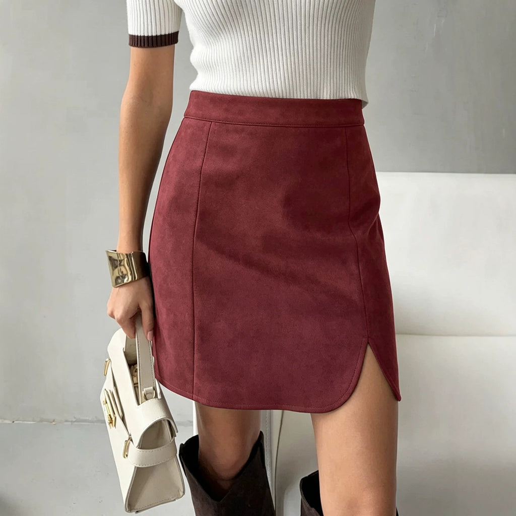 Autumn Winter Women Clothing Suede Skirt High Waist Zipper Solid Color Sheath Split Skirt BRINGITON