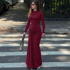 Women Clothing Summer Waist Controlled Lace up Sheath Dress Solid Color Slim Fit Long Sleeves Dress