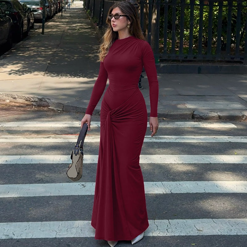 Women Clothing Summer Waist Controlled Lace up Sheath Dress Solid Color Slim Fit Long Sleeves Dress