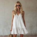 Summer Retro Vacation V neck Sleeveless Ruffled Loose Dress Eping