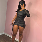 Robe à col diagonal pour femme, avec ruban ajouré, découpe, simple côté, manches longues, pull-over, hanches