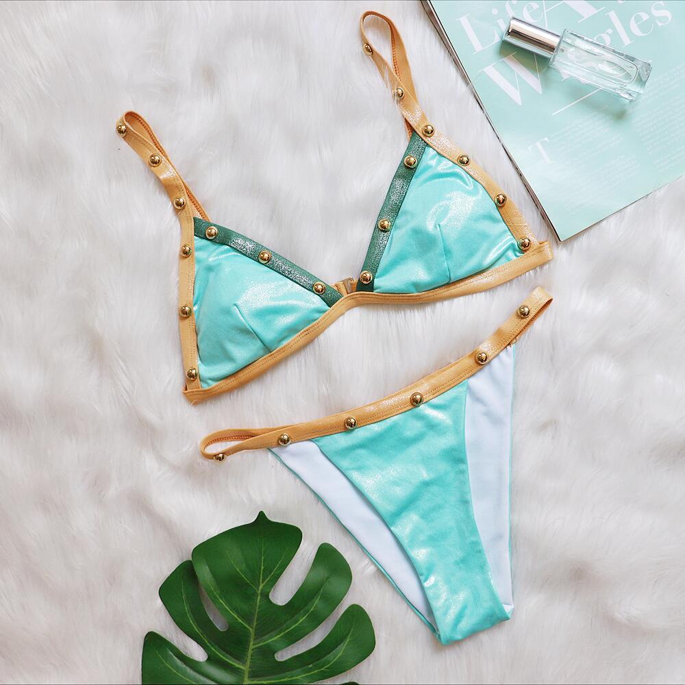 Bikini de retazos con cuentas, sexy, con tirantes ajustables en los hombros, traje de baño dividido para mujer