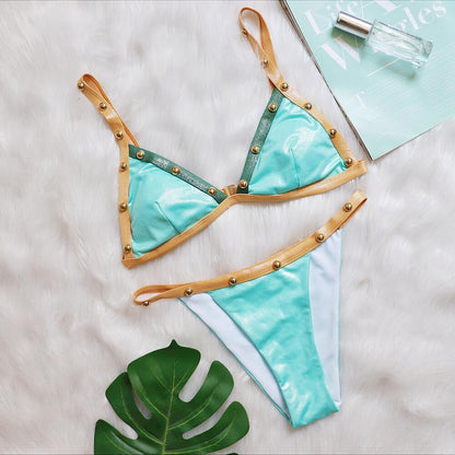 Bikini de retazos con cuentas, sexy, con tirantes ajustables en los hombros, traje de baño dividido para mujer