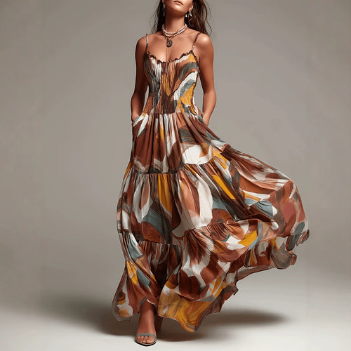 Abstract Printing Layered Maxi Dress Bohemian Spaghetti Strap Pleated Waist Pocket Dress Venly