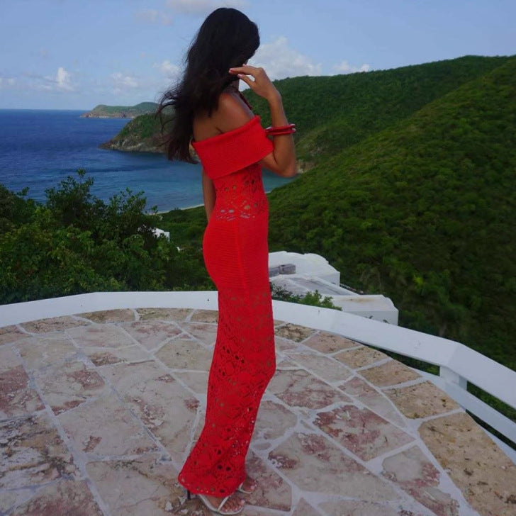 Off Shoulder Hollow Out Cutout Dress Women Summer Waist Hip Knitwear Maxi Dress Women Havana