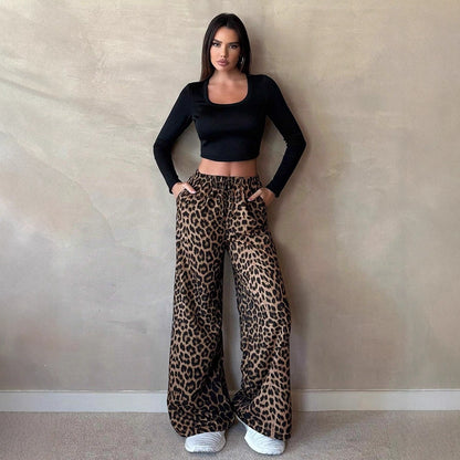 Women Clothing Satin Casual Pants Fall High Waist Leopard Print Loose Straight Satin Wide Leg Pants