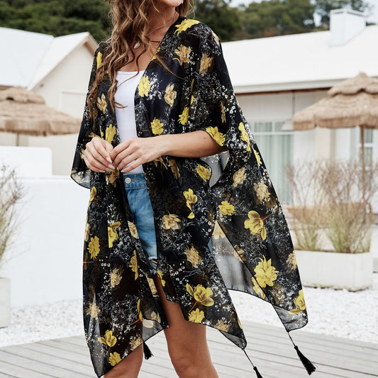 Summer Colorful Floral Print Tassel Sunshade Casual Sun Proof Sun Protection Clothing Mid Length Blouse