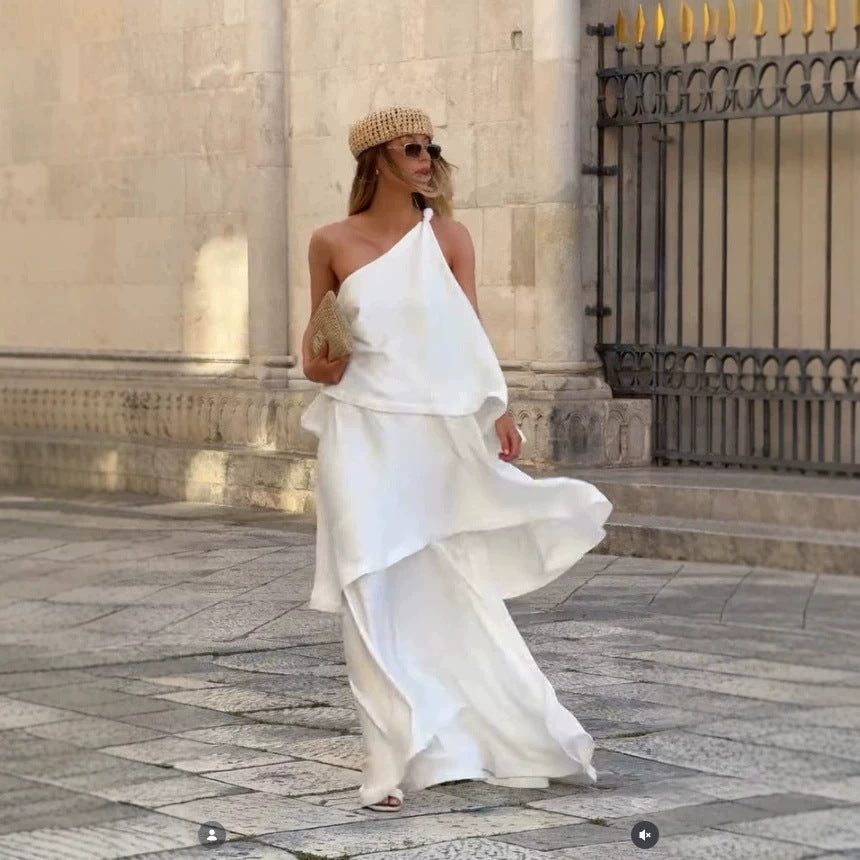Autumn Winter Dress Multi Layer One Shoulder off Shoulder Multi Layer Maxi Dress XUYUN