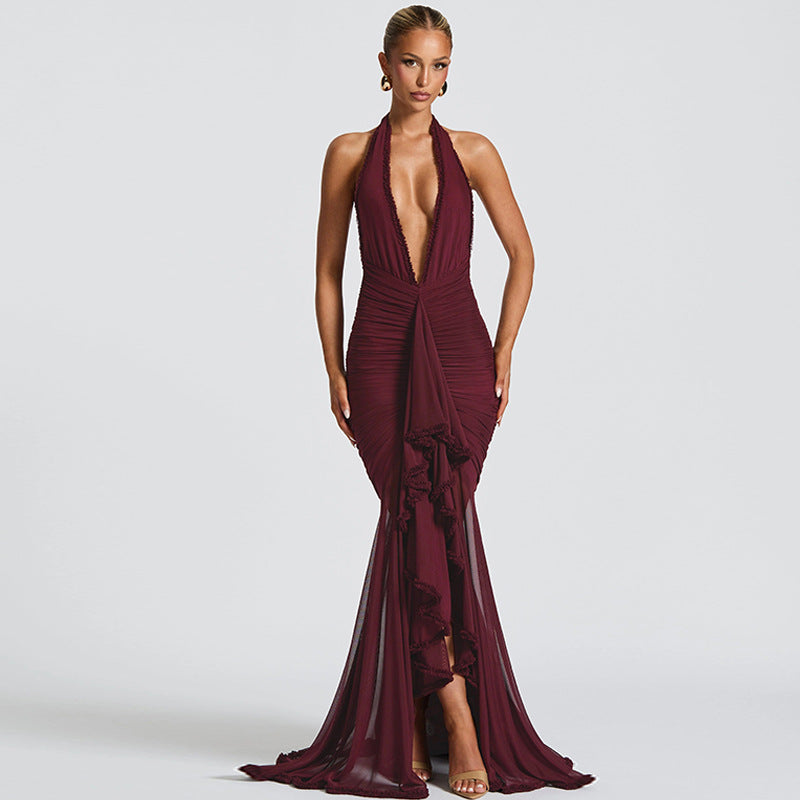 Robe d'été élégante en maille, robe maxi, col V, dos nu, robe sexy pour femme