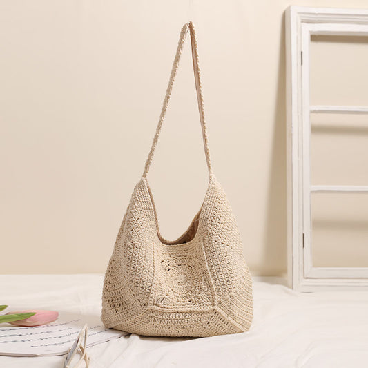 Bolso de hombro único de alta calidad, tejido con hilo de algodón de gran capacidad, con recortes florales, bolso de paja, bolso de playa para vacaciones, bolso para mujer 