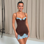 Sexy Sheath Dress Low Cut Lace Stitching Contrast Color Slim Fit Sexy Street Camisole Short Dress for Women LingSharp