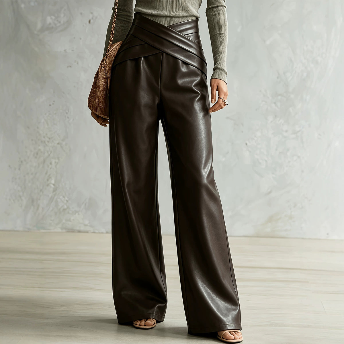 Cross Wrap High Waist Faux Leather Wide Leg Parazzo Pants Soft Faux Leather Women Casual Pants Venly