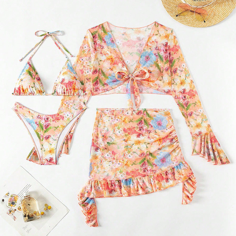 Swimsuit Printing Stylish Beach Dress Bikini Four Piece Suit Swimsuit Women Freedeo