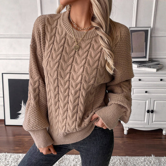 Women Pullover Sweater Autumn Winter Lazy Wind round Neck Solid Color Twist Casual Loose Outer Wear Knitted Top