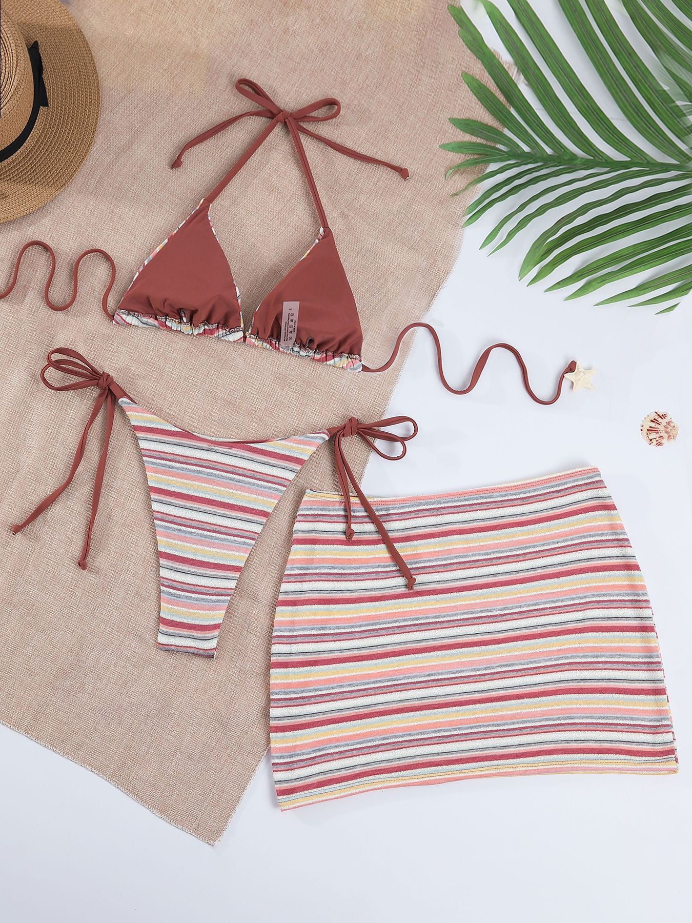 Fresh Color Striped Bikini Swimsuit Overskirt CSC